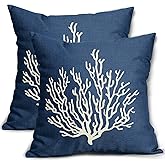 Homedevot Navy Blue Coastal Coral Pillow Covers 18x18 Nautical Beach Ocean Theme Sea Print Decorative Throw Pillows Outdoor Summer Pillow Cases for Couch Sofa Bed Decor Set of 2, VDP2024011805