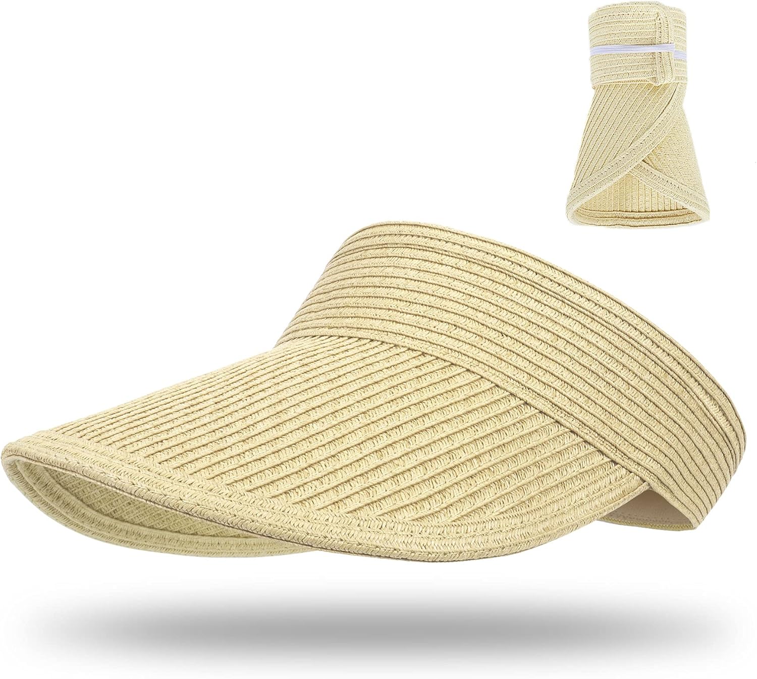 LADES Straw Visor Womens Visor Sun Hat Foldable Roll Up with Velcro