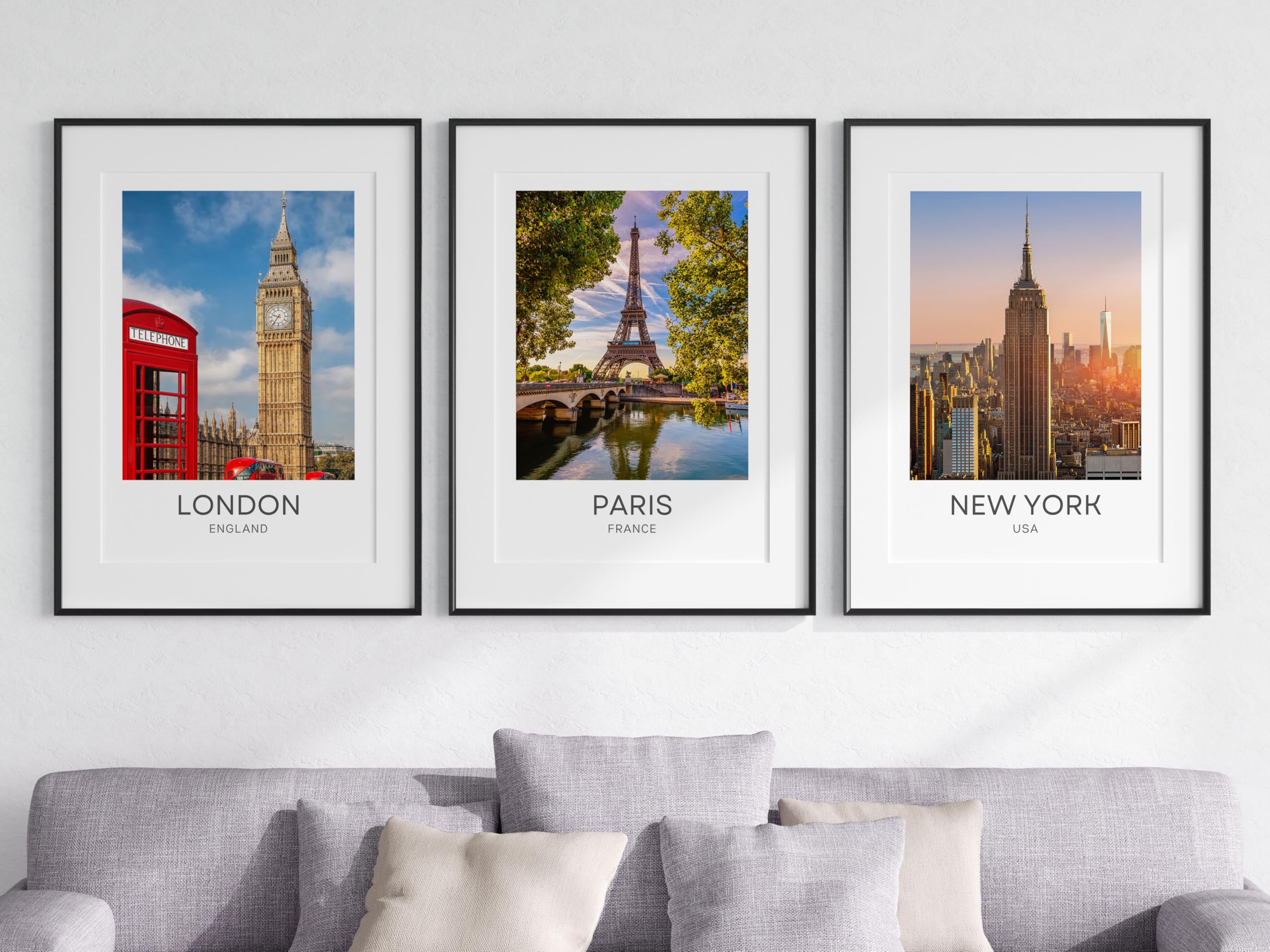 Eviepops Prints London Paris New York City Landscapes Set of 3 Unframed Poster Prints, Photographic City Wall Art, Home Décor, Big Ben, Eiffel Tower, Empire State Building (A3)