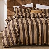 Merryword Brown Striped Duvet Cover Set Queen Size, 100% Natural Cotton Linen Like Duvet Cover Set with Zipper Closure & 8 Corner Ties, Brown Khaki Soft Reversible Bedding for All Seasons