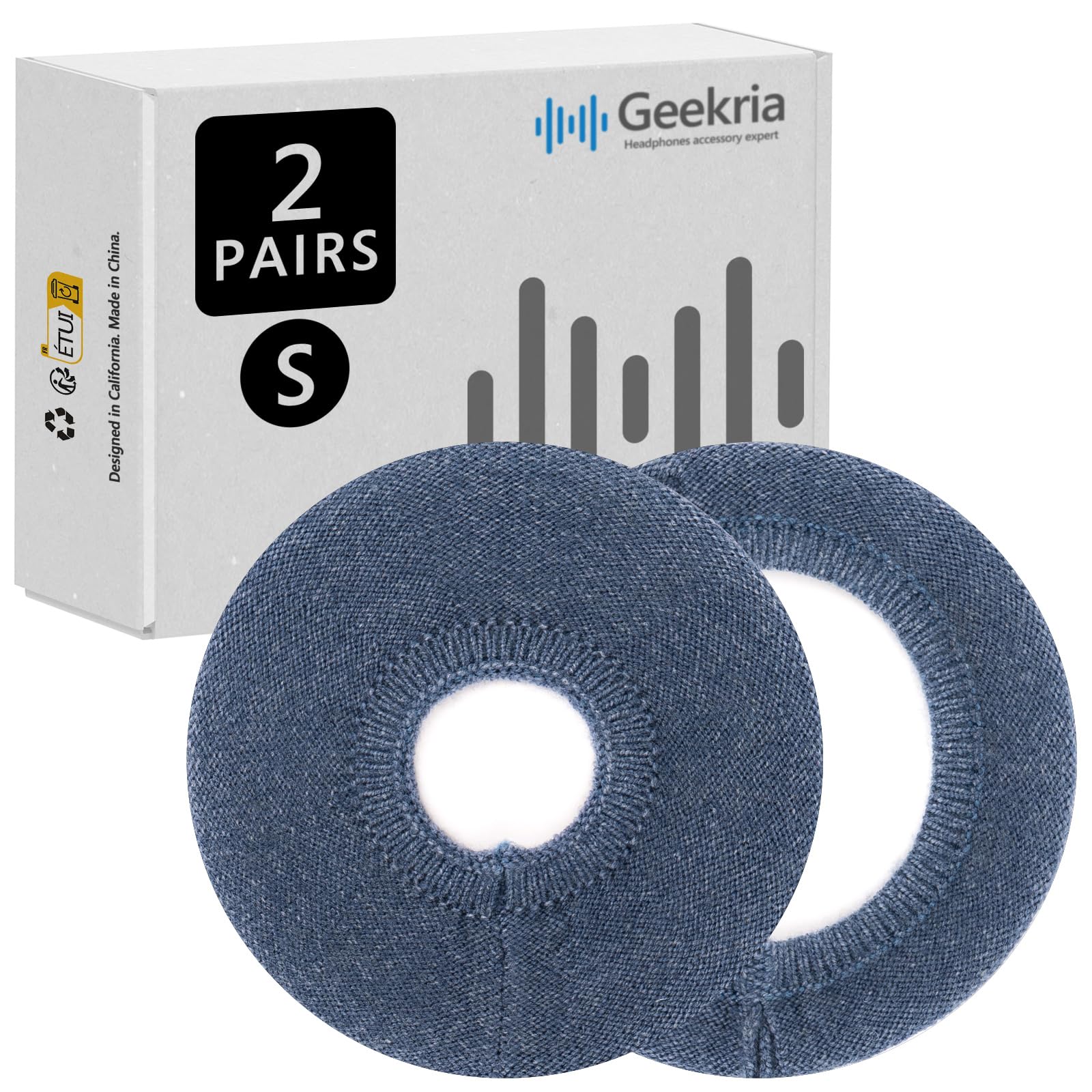 Geekria 2 Pairs Knit Headphones Ear Covers - Product Safety Certified - Washable & Stretchable Sanitary Earcup Protectors for On-Ear Headsets, Sweat Pads for Gym, Meeting (Size S/Blue)