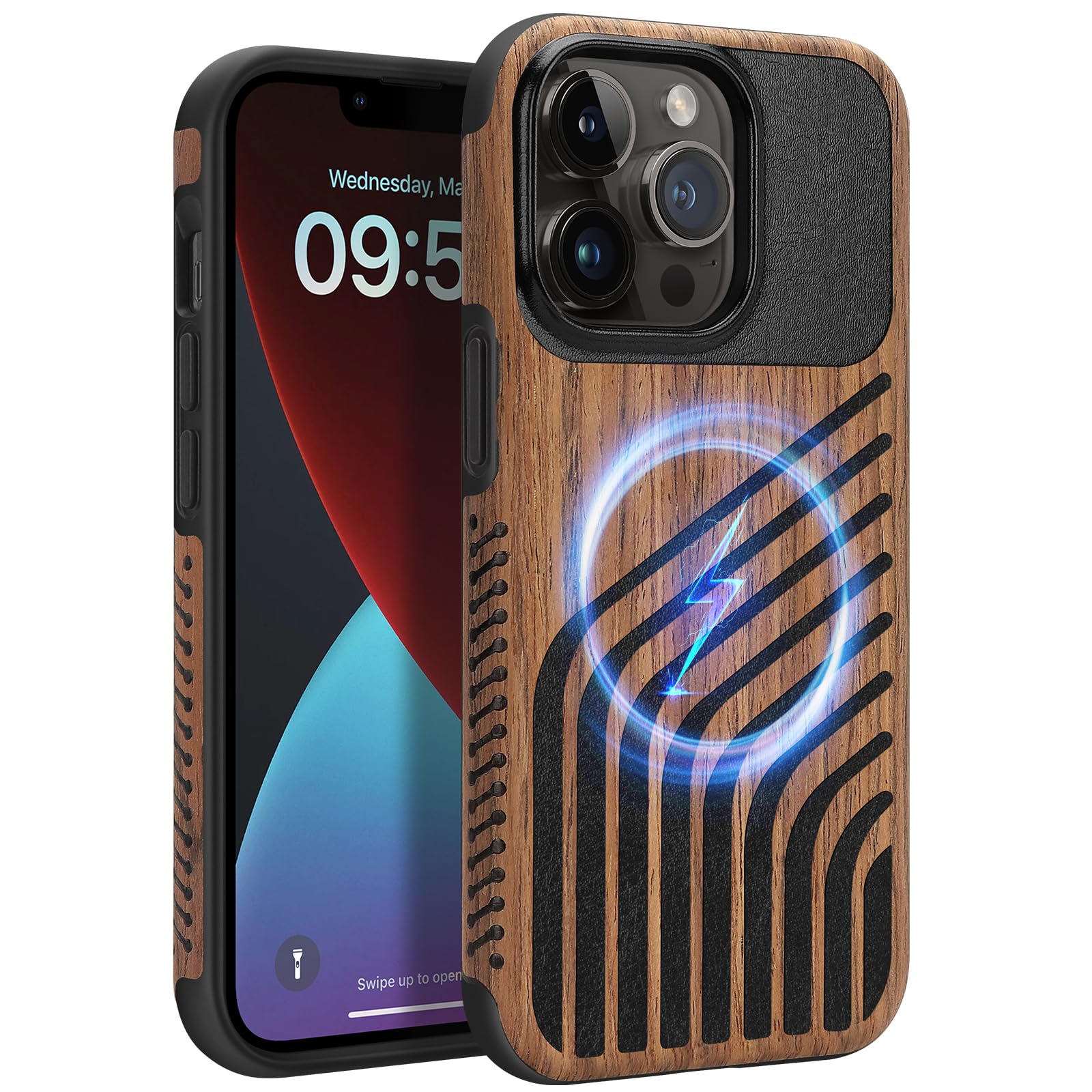 ZZDZZ Magnetic Case Compatible with iPhone 13 Pro Max Case [Compatible with MagSafe] Wood and Leather Carbon Fiber Design Hybrid Shockproof Phone Case 6.7" (Wood and Leather)