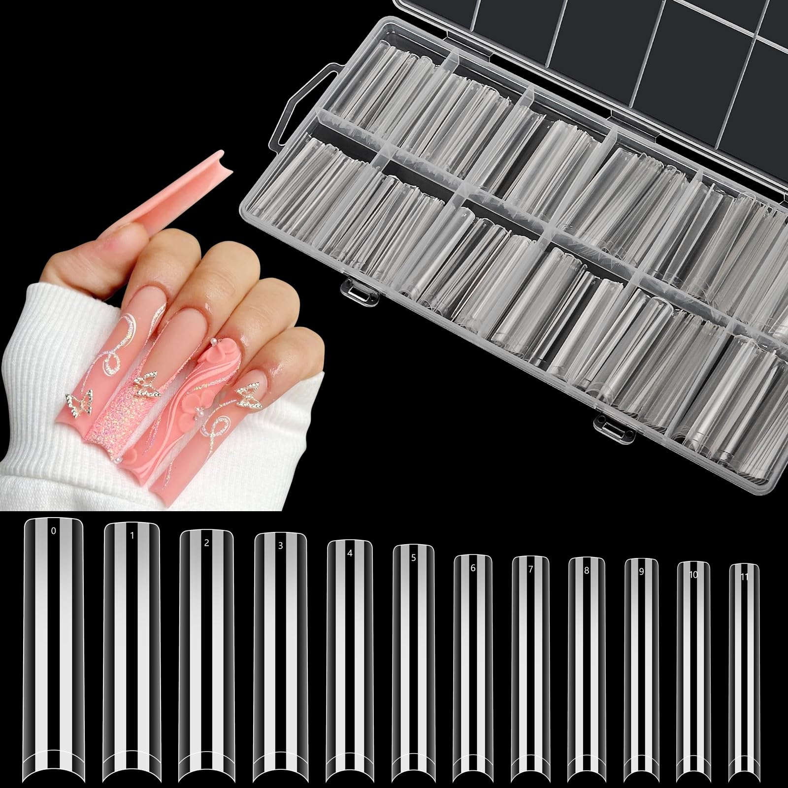Adonafy Nail Tips for Acrylic Extensions: 240 Pcs No C Curve Acrylic Nail Tips for Beginner Women Girls - 3XL Square Tips for Salon Home Manicure - 12 Sizes