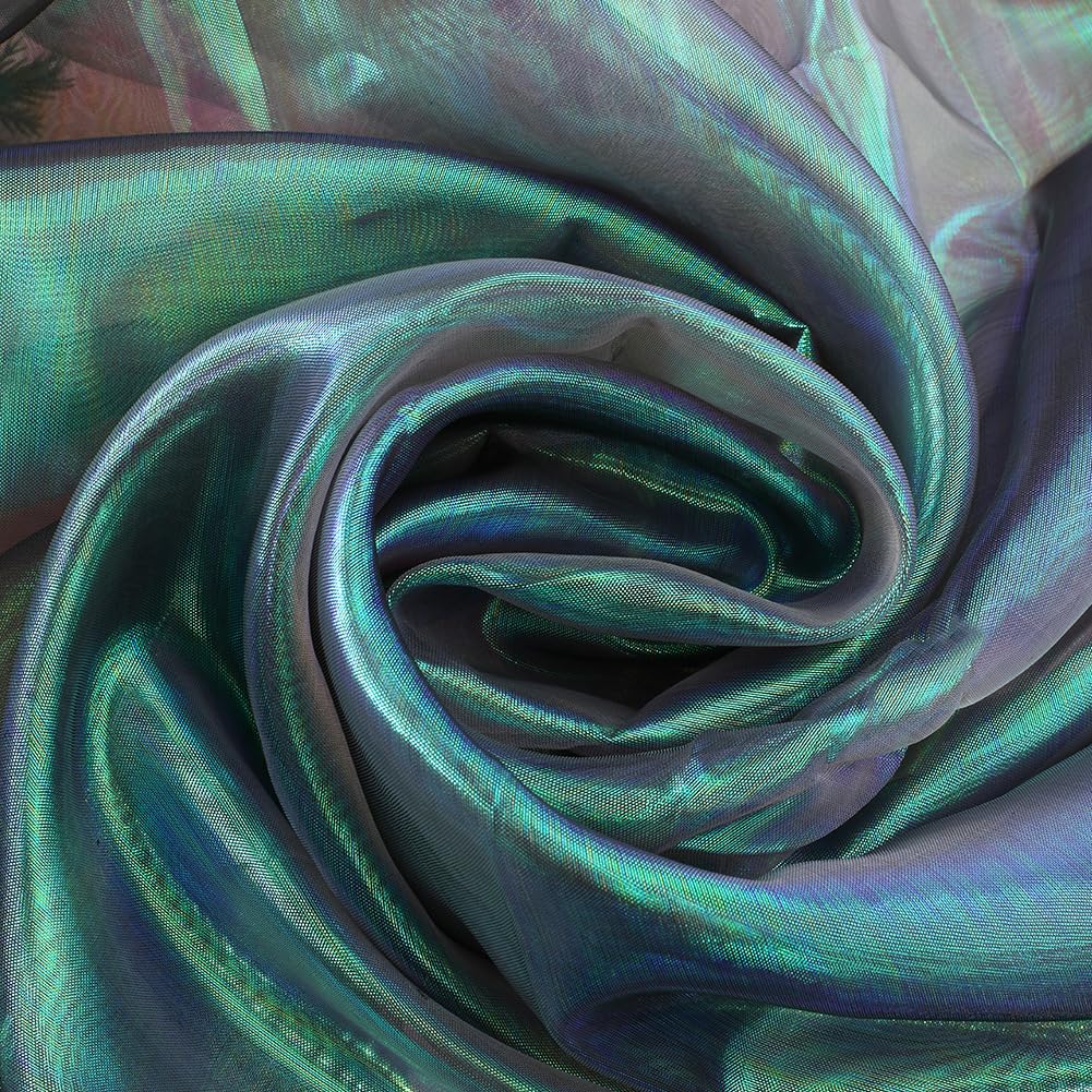 GORGECRAFT 3M Rainbow Laser Gradient Organza Iridescent Lace Voile Fabric Sheer 152cm Wide Metallic Holographic Gauze for Wedding Dress Curtain Background Photography(Medium Sea Green) — image 1