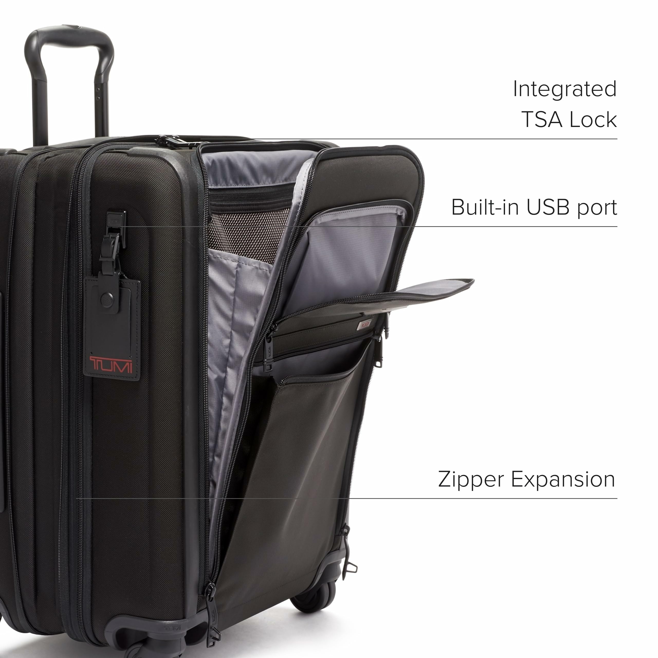 TUMI Alpha Continental Expandable 4-Wheeled Carry-On Luggage - Compact Travel Suitcase - TSA Lock Tracer - Black