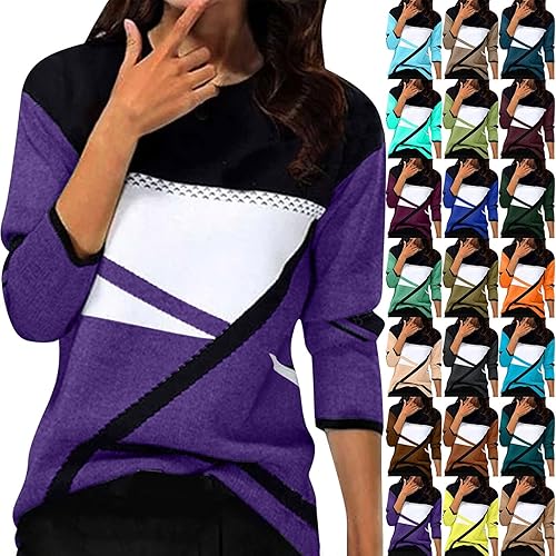 Sweatshirts for Women UK Long Sleeve Round Neck Pullover Ladies Oversized Sweatshirt without Hood Geometric Pattern Color Block Jumpers Casual Comfortable Tops