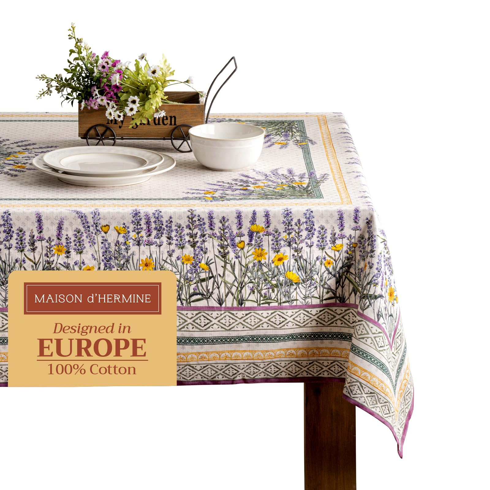 Maison d' Hermine Table Cloth Rectangle Table 100% Cotton 230 cm x 140 cm Tablecloth Reusable Everyday Use for Dining Farmhouse Home Party Festive Gifts for Mothers Day (Fanny Lavender)