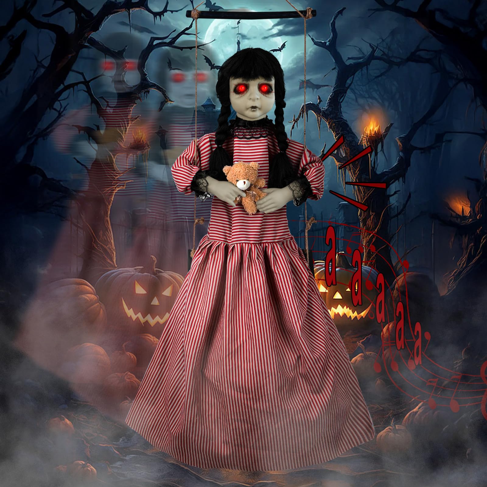 Photo 1 of Scary Halloween Decorations Outdoor, Realistic Hanging Swinging Girl with Scary Sounds & Glowing Eyes, Hanging Ghosts Decor 