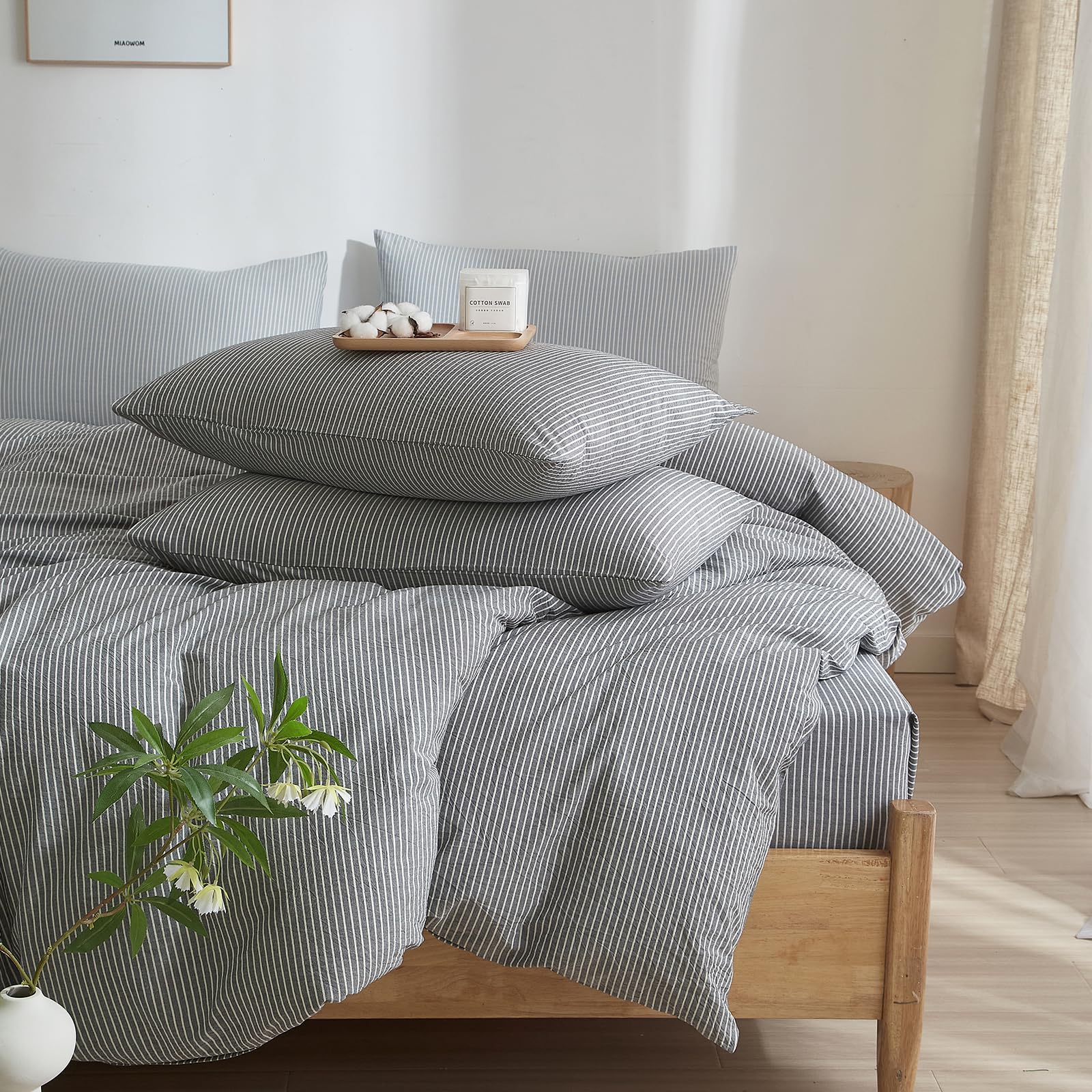 Photo 1 of MWL Toy Striped Duvet Cover Set King Size 3 Pcs Breathable Durable 100% Washed Cotton Comforter Cover for All Seasons Chic Linen Like Textured Bedding Set (Dark Grey White Pinstripes,King)