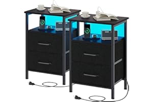 TRIFEBLE Nightstands Set of 2, Night Stand with Charging Station and Led Lights, Bedside Table with 2 Fabric Drawers for Bedroom, Small Side End Table with Open Shelf, Black