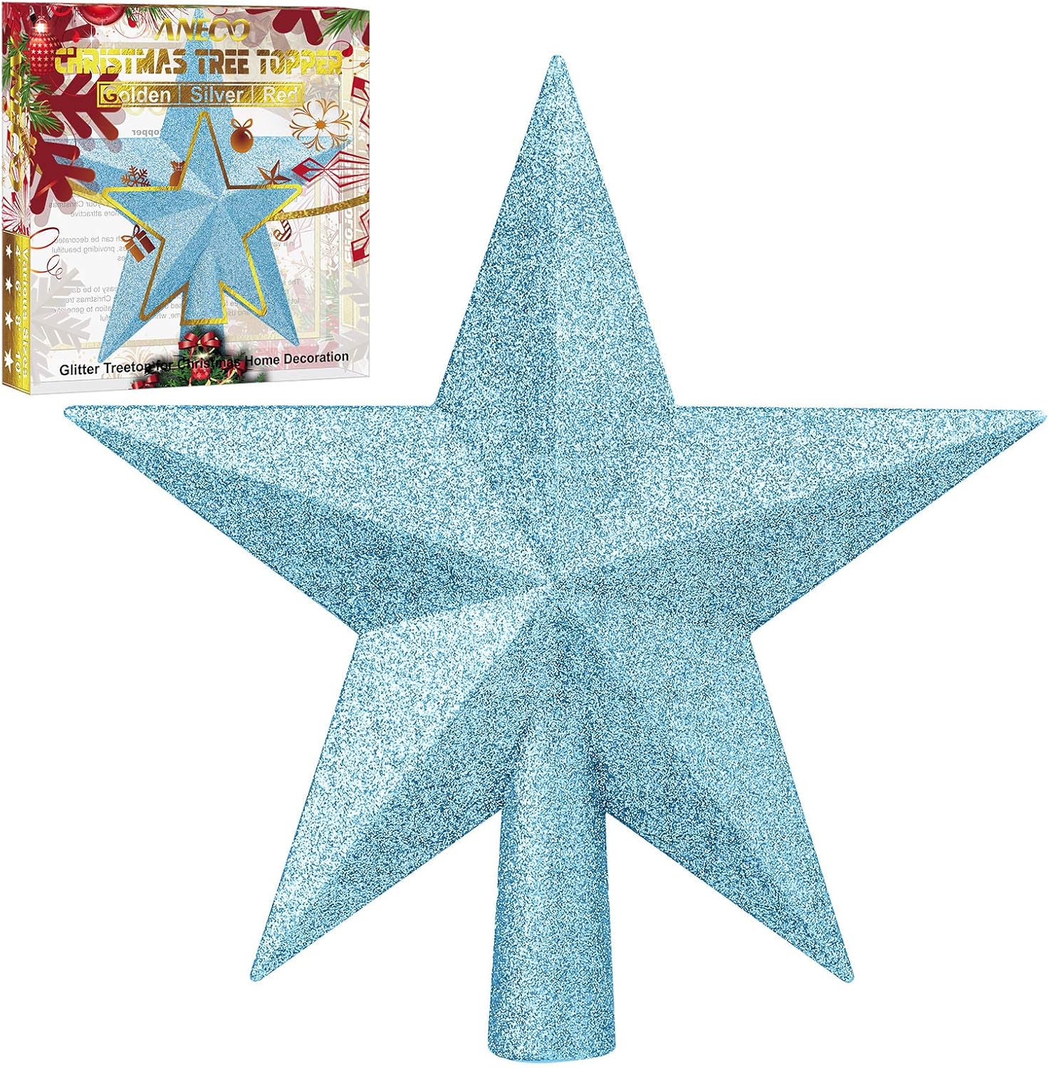 Tree Toppers - Aneco Glitter Christmas Tree Topper Shatter-Proof Christmas Tree Decoration Treetop for Holiday Ornament or Home Decor (Blue, 8 Inches)