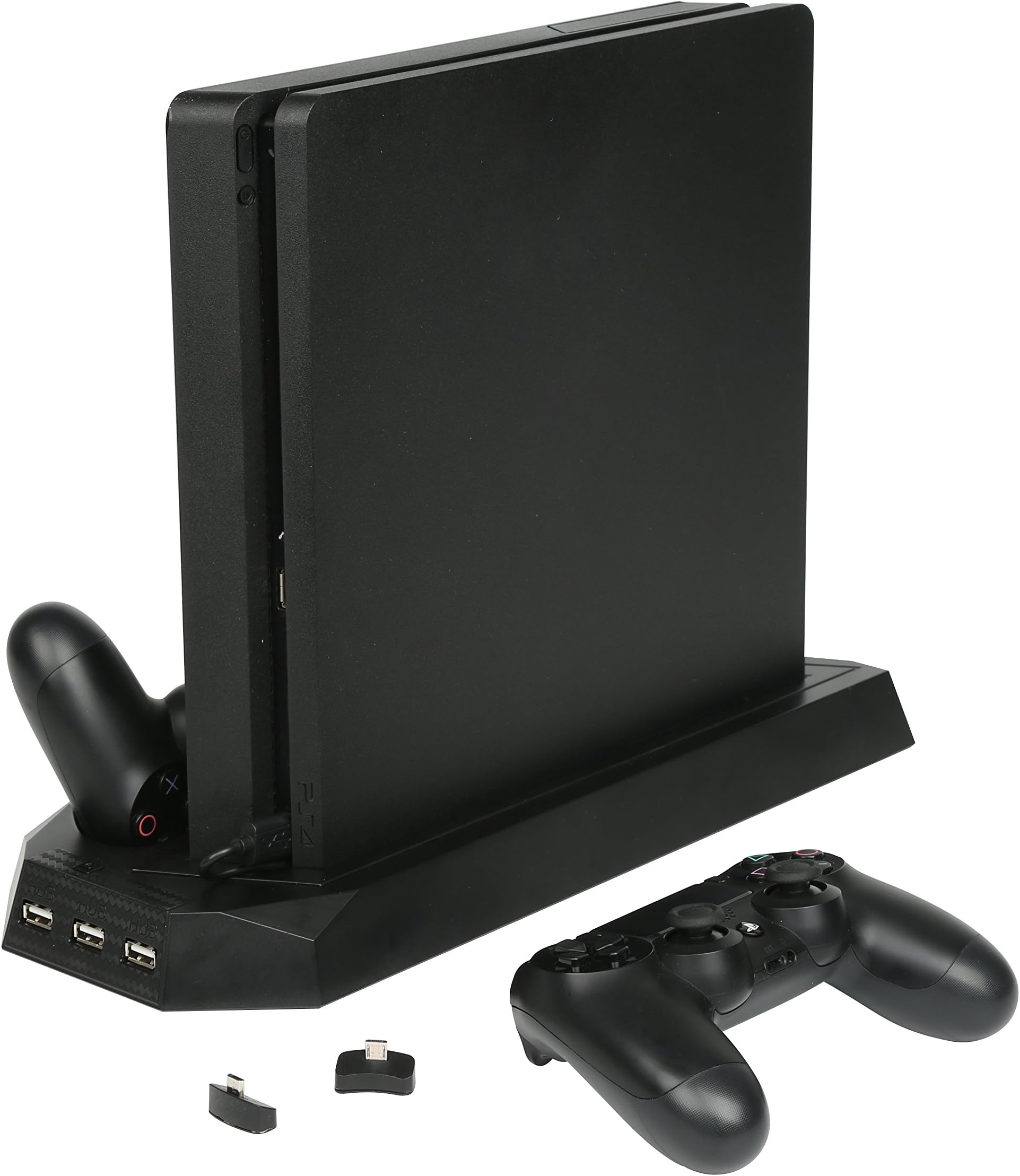Airke 2 in 1 Vertical Stand for PS4 Slim and PS4 Pro with Cooling Fan, Dual Controller Charger Station for Sony PlayStation 4 Slim/Pro Game Console Dualshock 4 with 3 Extra USB HUB Port - Black
