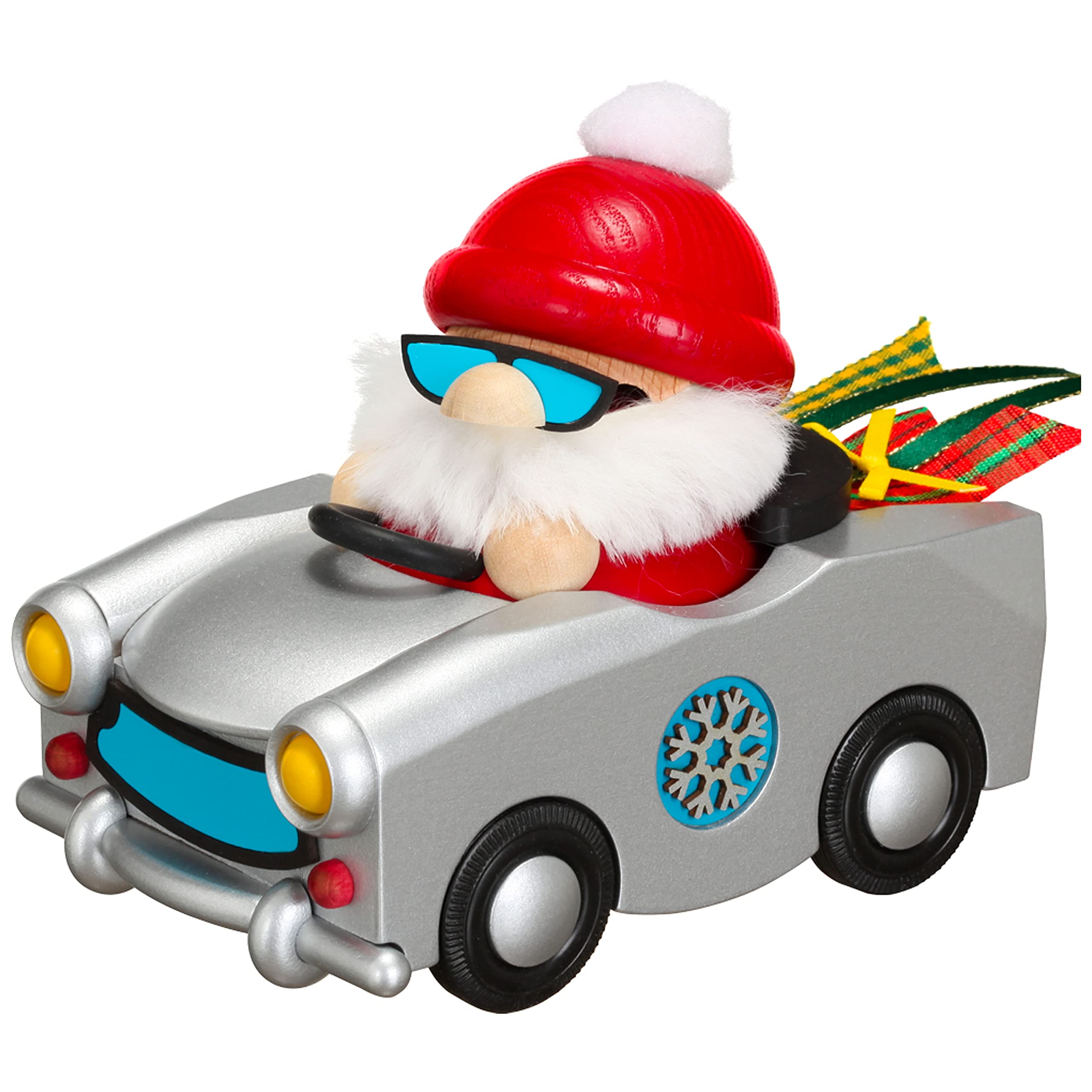 Seiffener Volkskunst German incense smoker Santa Claus with trabi, height 12 cm / 5 inch, original Erzgebirge by SV 19167