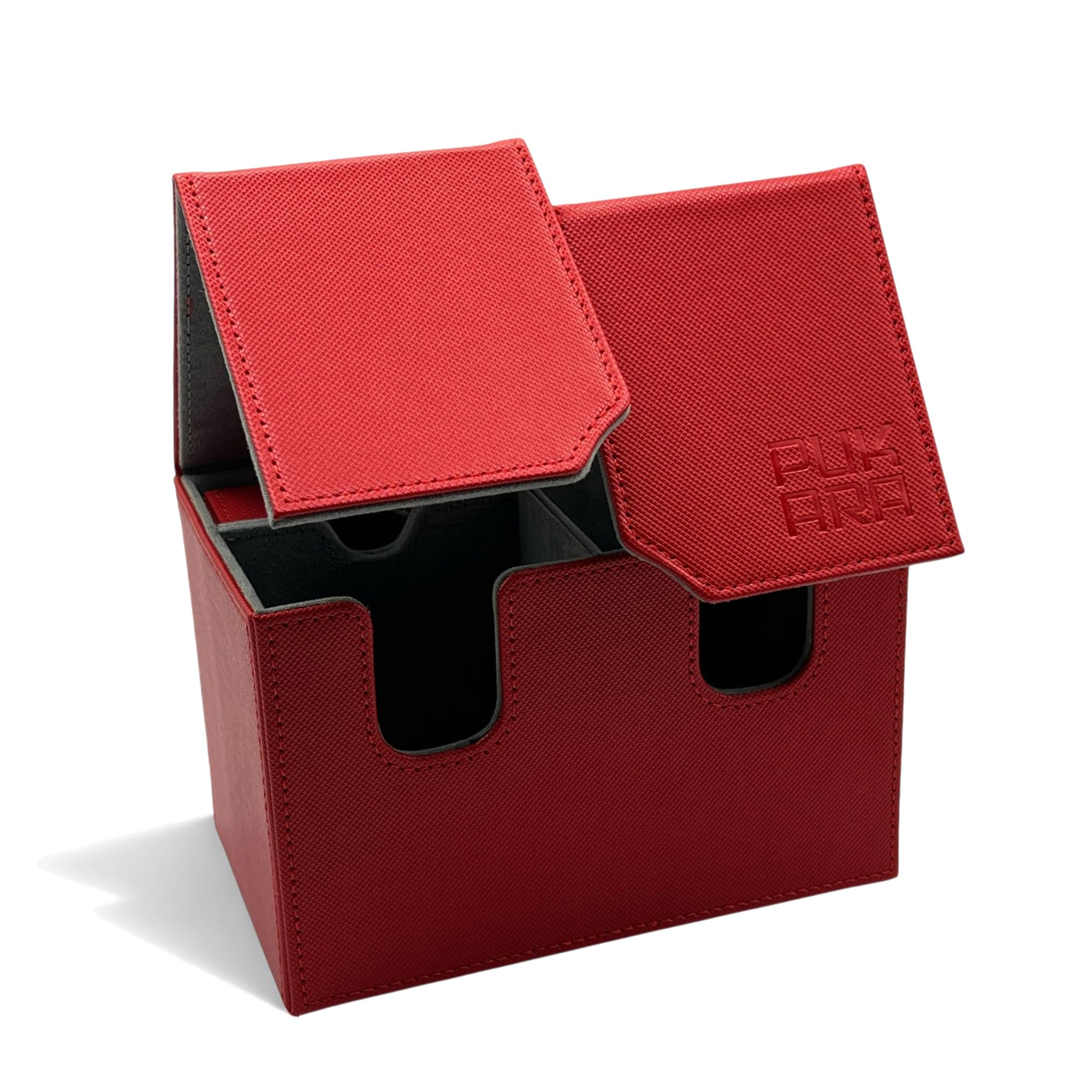 PUKARA Double Card Deck Box for TCG, MTG, PTCG. Card Storage with Magnetic Closure, Premium PU Leather, Includes 100 Transparent Card Sleeves (Red and Grey)