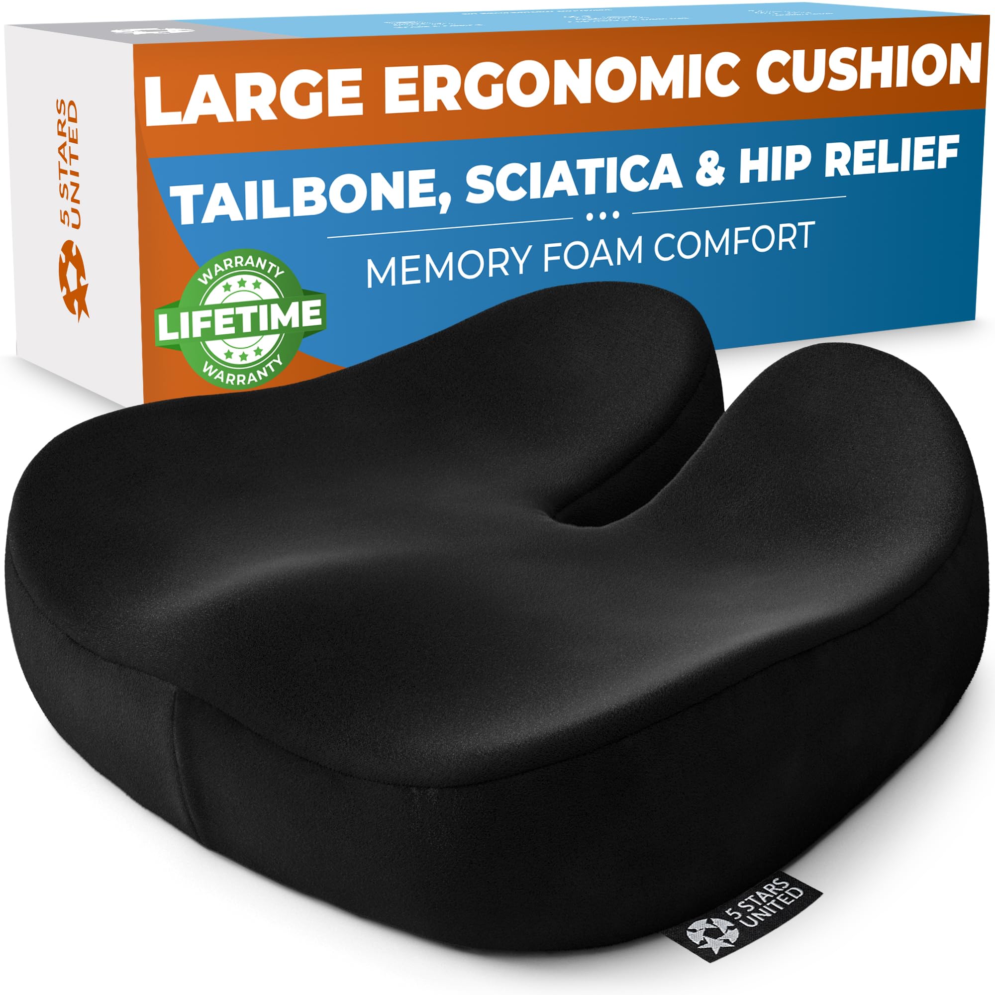 Photo 1 of 5 STARS UNITED Seat Cushion for Tailbone Pain Relief – Large Memory Foam Cushion for Coccyx, Hip, Sciatica & Post-Surgery Recovery – Wheelchair, Car, Desk, Gaming & Office Chairs, Black