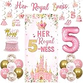 Sursurprise Princess 5th Birthday Decorations, Her Royal Fiveness Banner Door Cover Hanging Swirls Cake Topper Balloons for Girls 5 Years Old Birthday Party Supplies