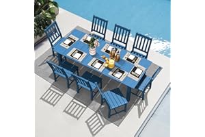 LOUNZY 9 Pieces Patio Dining Sets, Outdoor HDPE Furniture Set for 8 w/ 2" Hole Cut-Out Dining Table with 8 Armless Patio Chairs for Pool, Lawn and Garden,Navy