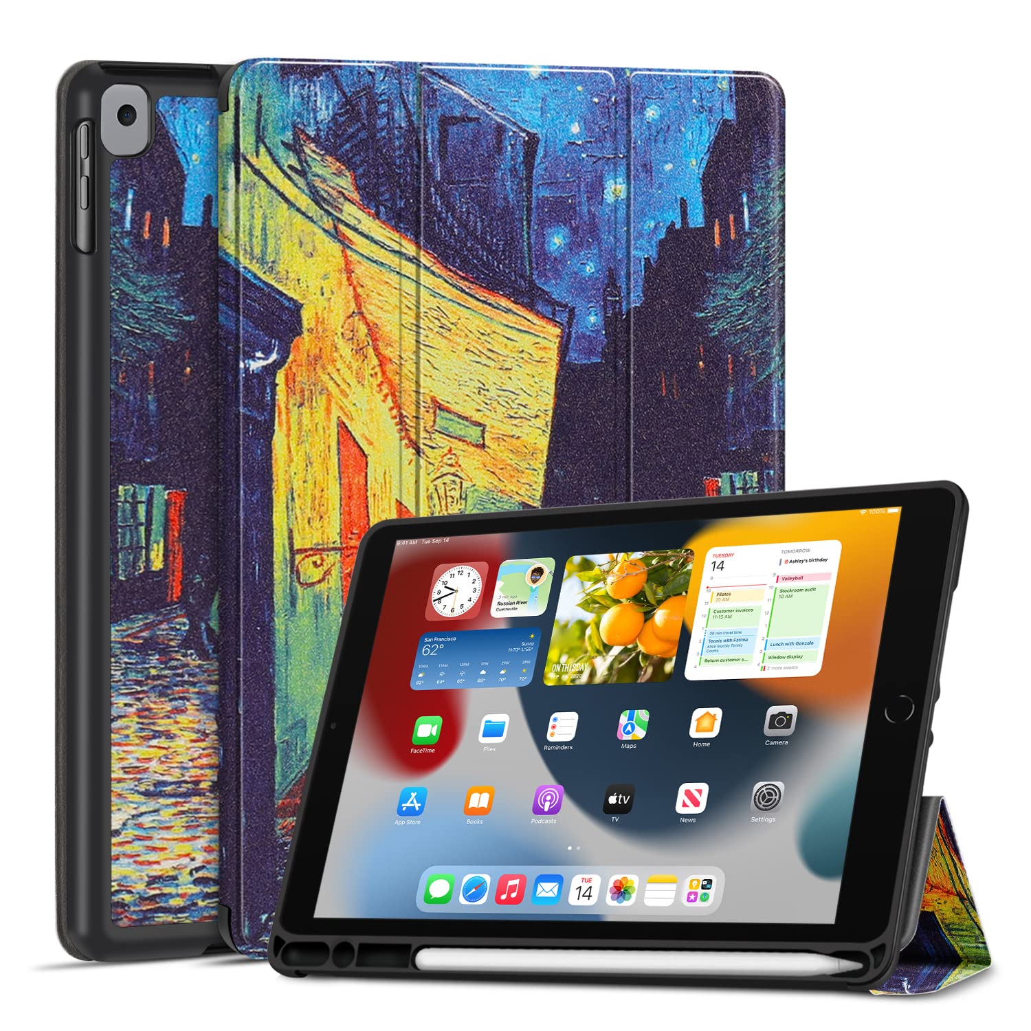 TNP Case for iPad 9th Gen 2021/iPad 8th 2020/iPad 7th 2019 Generation Protective Cover with Pencil Holder - 10.2 inch Slim Soft TPU Trifold Stand PU Leather Folio Auto Sleep Wake - Cafe At Night — image 1