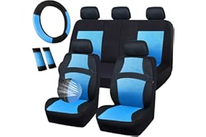 CAR PASS Universal 13PCS 3D Air Mesh-100% Breathable Seat Covers Full Sets, Steering Wheel&Belt Cover, Airbag and Rear Split Bench Compatible for 90% Automotive SUV Truck Cute Women Black Water Blue