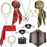 JATEBI 12Pcs Pirate Costume Accessories Set for Women Halloween Outfit Set with Head Scarf Leather Bracelet Corset Necklace Earrings Eyepatch