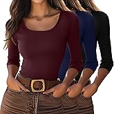 Neer 3 Pack 3/4 Sleeve Tops for Women, Cotton Scoop Neck Ribbed Three Quarter Sleeve Summer Slim T-Shirts Casual Basic Tees