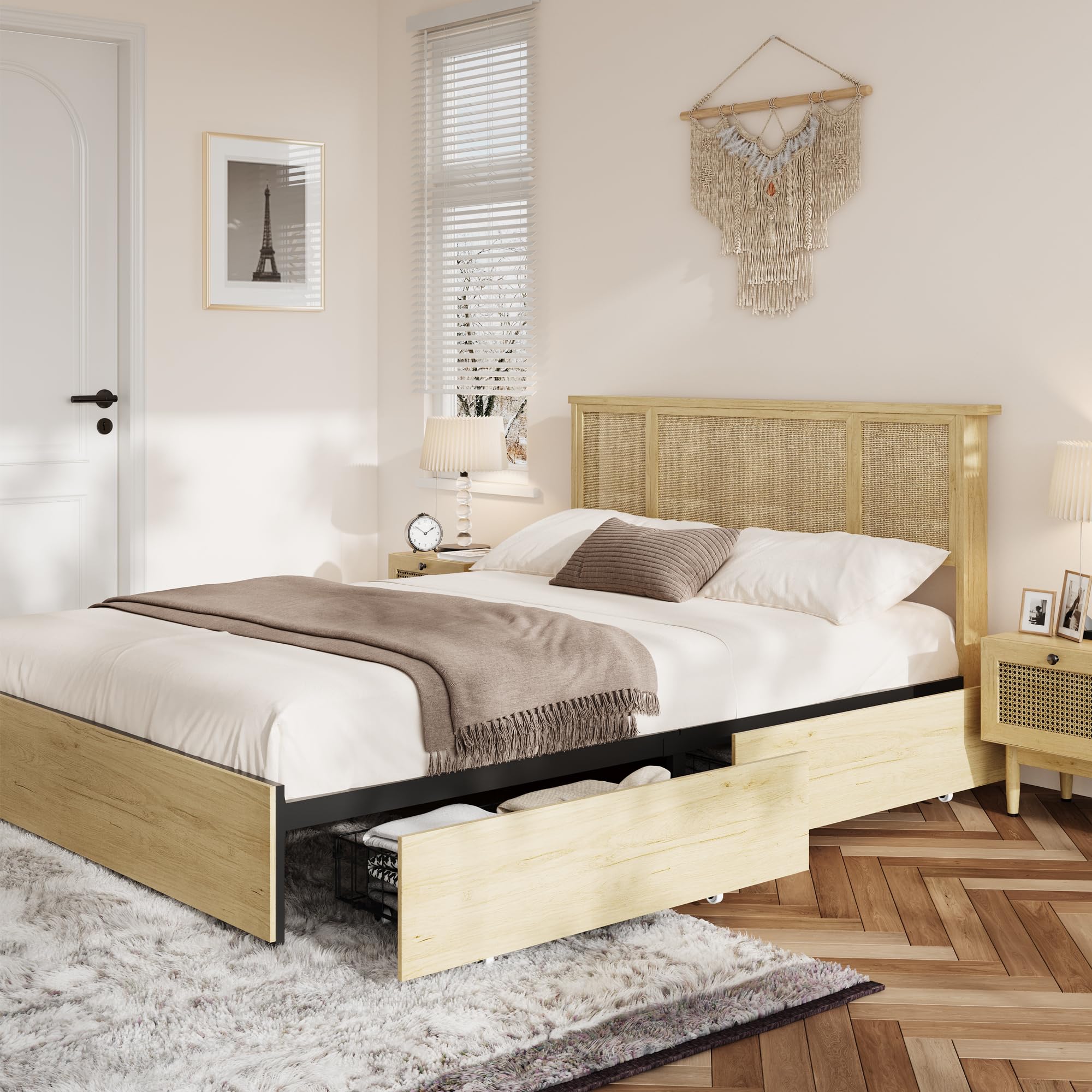 Photo 1 of ****FACTORY SEALED, MISSING INSTRUCTIONS/MANUAL***Garvee Queen Bed Frame with Natural Rattan Headboard, Wooden Bed Frame with Four Storage Drawers, Sturdy Metal Base with Wooden Structure, Bohemian-Style Cane Mattress Support, No Box Spring Needed