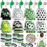 Miucat 98Pcs Soccer Party Favors, Soccer Drawstring Bags with Silicone Bracelet Soccer Whistles Stickers Soccer Goodie Bags for Soccer Party Decorations Party Supplies