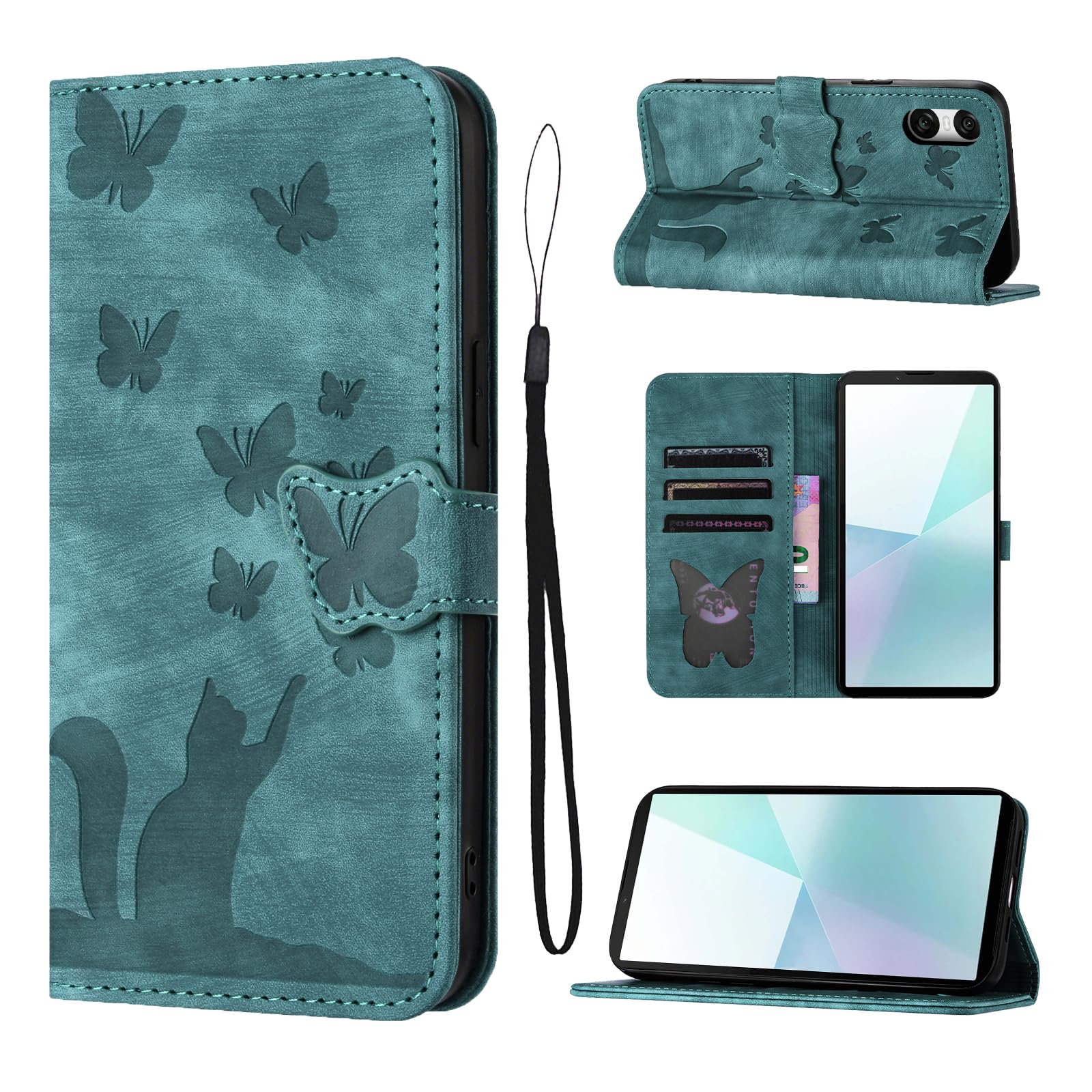 LSPCASA Phone Case For Sony Xperia 10 VI, Premium PU Leather, Cat Butterfly Pattern, Green, Flip Case With Stand & Card Slots — image 1