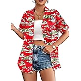 Christmas in July Shirt Women Christmas Hawaiian Shirts Kalikimaka Tee Hawaiian Button Up Shirt Beach Vacation Tops(Red, X-Large)