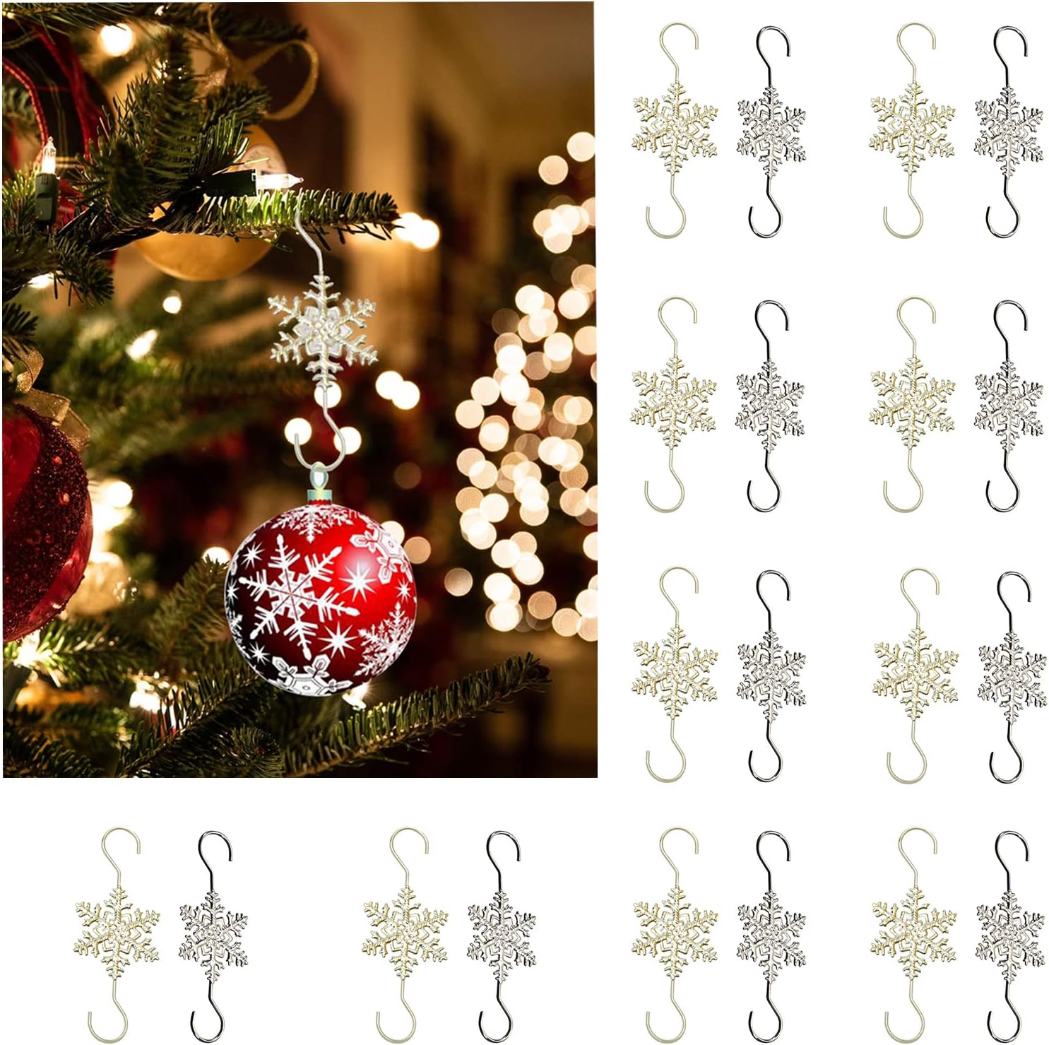Ornament Hooks - IHEOJAOC Christmas Ornament Hooks - Sliver Gold Snowflake Decorative Ornament Hangers（20 PCS，Gold Sliver）