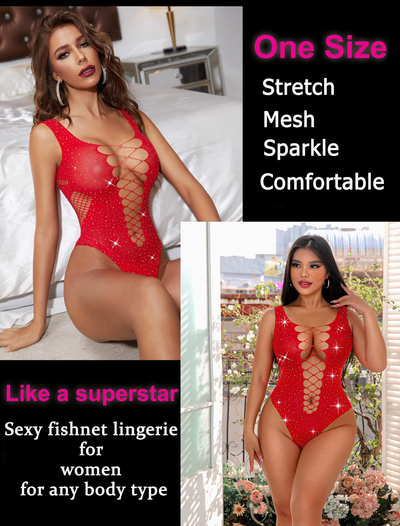 Avidlove Rhinestone Bodysuit Tops Sparkle Fishnet Lingerie Sexy Outfit for Women Mesh Body Suit Teddy Lingeries