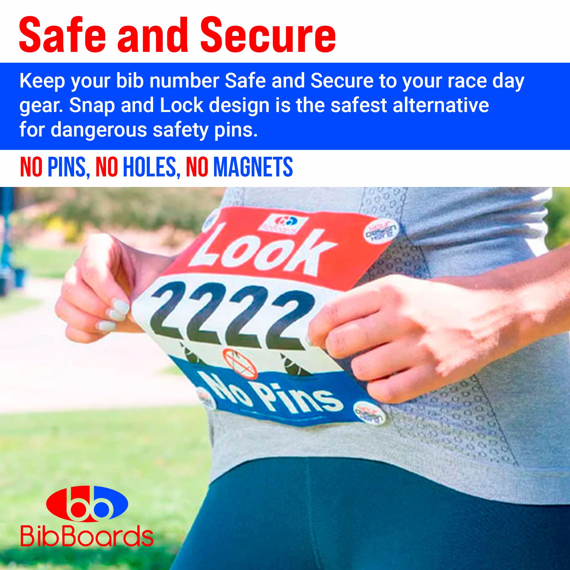 bibSNAPS Race Bib Clips - Safety Lock Fasteners - Secures Running, Marathon, Cycling and Event Number, Non Magnetic, Easy to Use & Reusable - Replacement for Pins & Magnets - Finish Strong (4pcs)