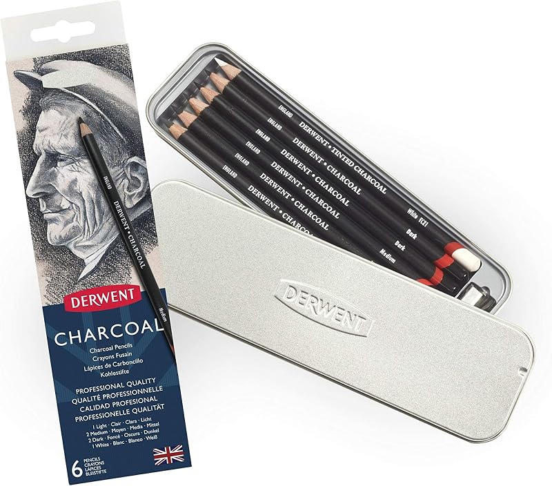 Derwent Charcoal Drawing Pencils Set of 6 with Sharpener Light Medium Dark