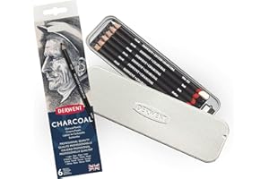 Derwent Charcoal Pencils, Metal Tin, 6 Count (0700838), Black/White