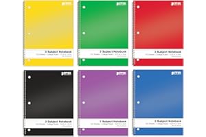 Better Office Products Spiral Notebooks 3-Subject, 6 Pack, College Rule, 120 Sheet Notebook with Sturdy Pocket Dividers, 10.5 x 8 inches, 6 Assorted Primary Colors, 6 Pack