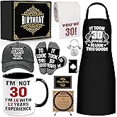 30th Birthday Gifts for Men Coffee Mug Set, 30th Birthday Party Supplies, Turning 30 Gift with 11 Oz Ceramic Cup Baseball Cap Apron Sock Bracelet Toilet Paper Keychain for Him, Dad, Husband, Friends
