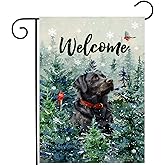 Welcome Winter Garden Flags Black Lab Garden Flag Cardinal Birds on Snowy Pine Tree Flag Labrador Dog Yard Flags for Outside 12x18 Double Sided Christmas Decorative Lawn Flags