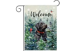 DZGLOBAL Welcome Winter Garden Flags Black Lab Garden Flag Cardinal Birds on Snowy Pine Tree Flag Labrador Dog Yard Flags for Outside 12x18 Double Sided Christmas Decorative Lawn Flags