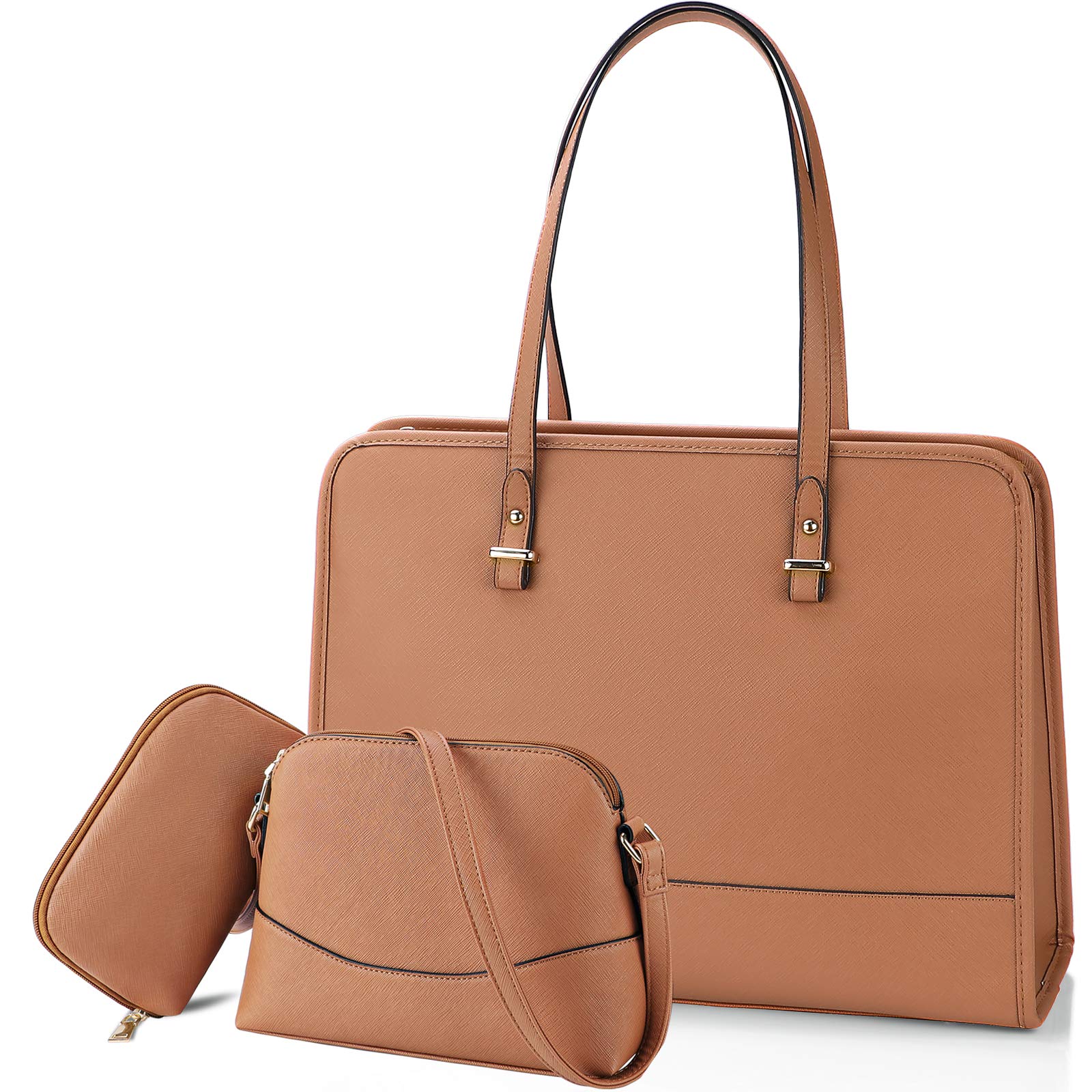 Handbags for Women Soft Leather Ladies Handbag Satchel Work Tote Shoulder Bags Top Handle Bag Crossbody Bag and Purses 3pcs Set, Brown
