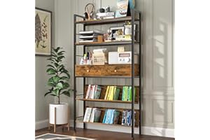 YAOHUOO Bookshelf with Drawers-31.5 Inches Widen Industrial Book Shelf with Bookend,5 Tiers Tall Storage Shelves, Steel Frame