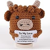 Cudroza Positive Highland Cow Crochet Plush, Gifts for Her Him womenfriend menfriend Wife Husband, Handmade Knitted Small Thoughtful I Love You Gift Idea Birthday Christmas Valentine’s Day