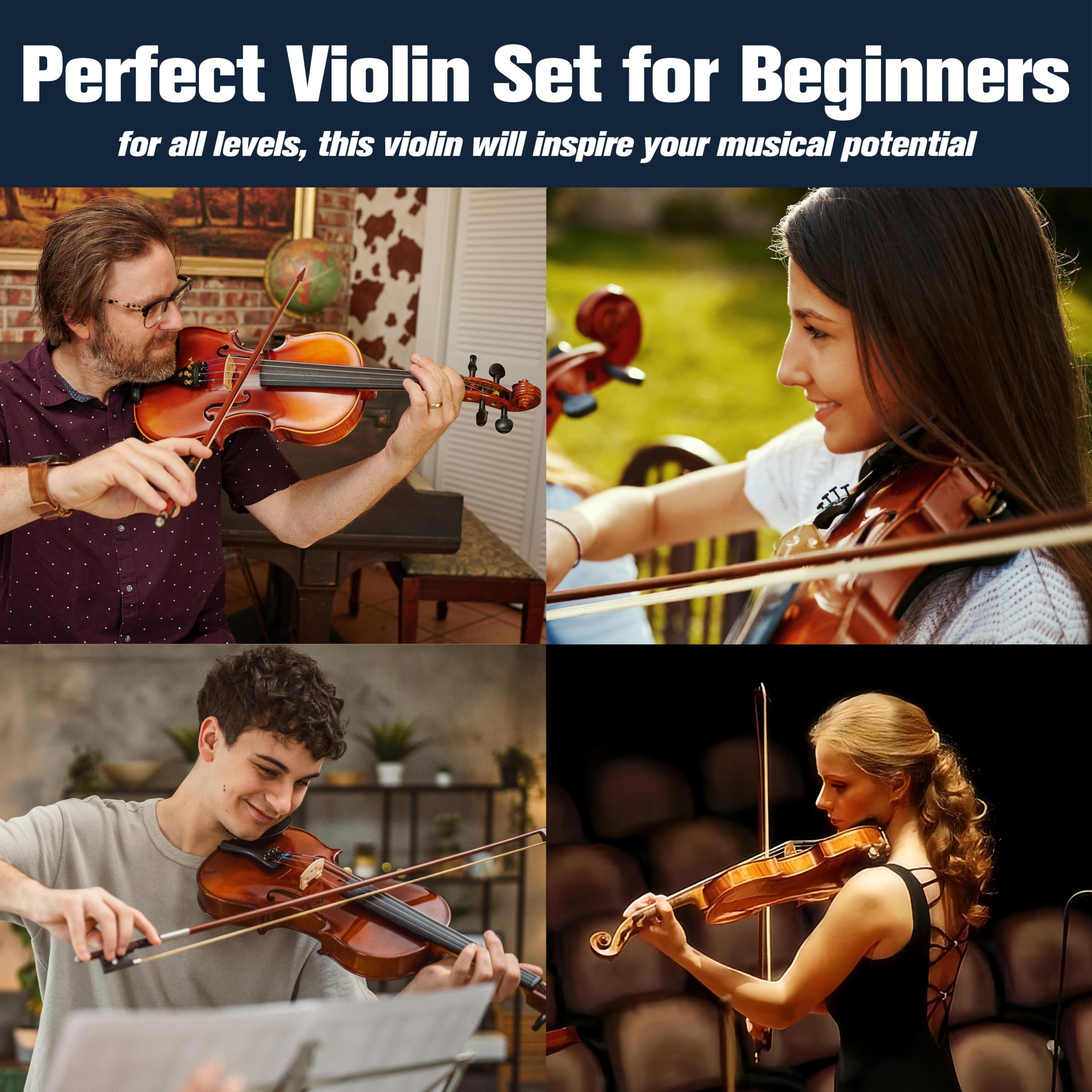 Mendini By Cecilio Violin 4/4 Full Size For Beginners - Fiddle Solidwood Kit with Hard Case - Acoustic Violins with Bow, Rosin, Tuner, Extra Strings & Bridge, Shoulder Rest and Lesson Book