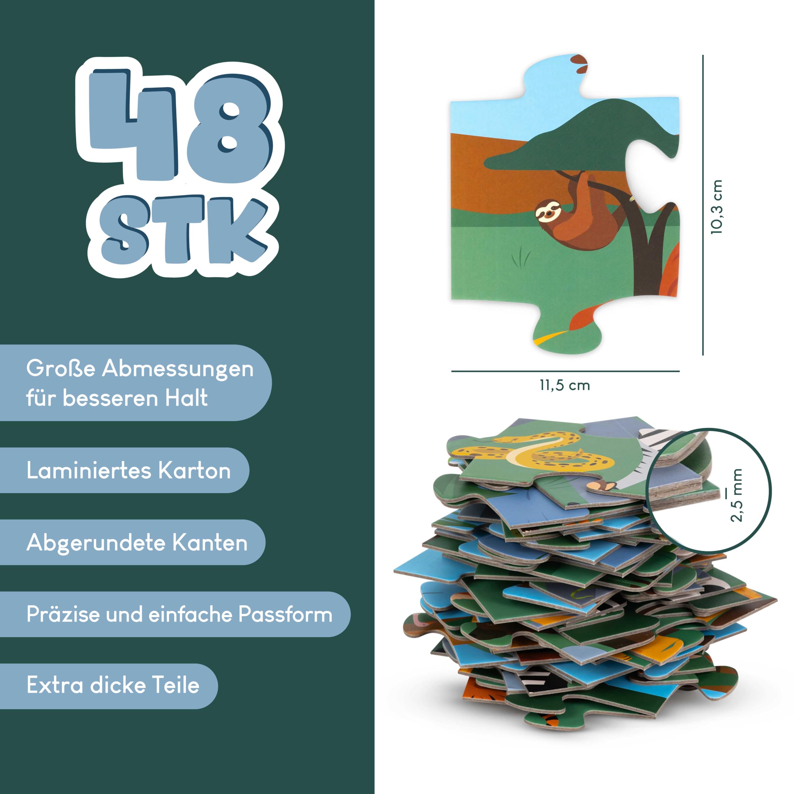 BONNYCO XXL Puzzle Kinder Dschungeltiere mit 48 Große Teile. Safari Bodenpuzzle XXL 92 x 62 cm als Geschenke für Kinder. Puzzel Lernspielzeug für Jungs und Mädchen 2-8 Jahre 3