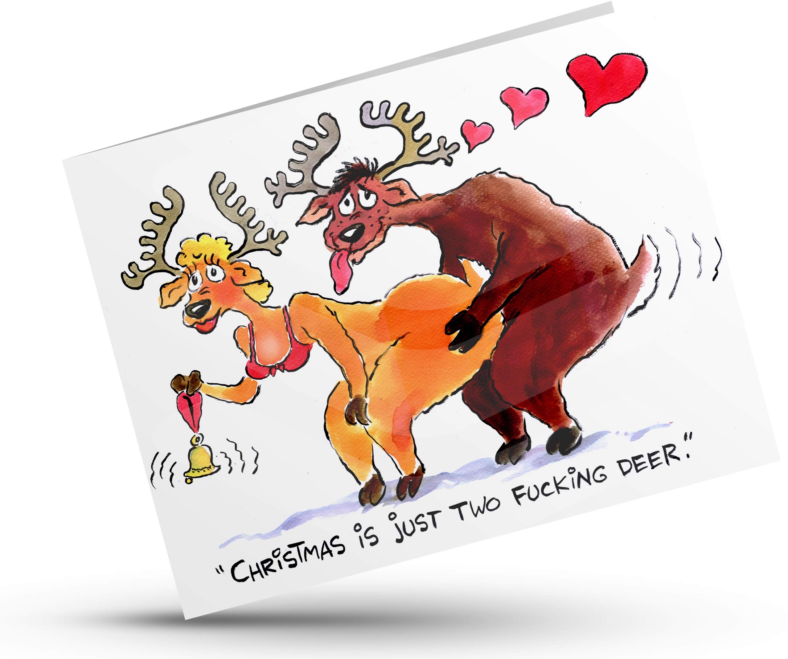 Rude Vulgar Christmas Xmas Cards (Deer) 4 Pack