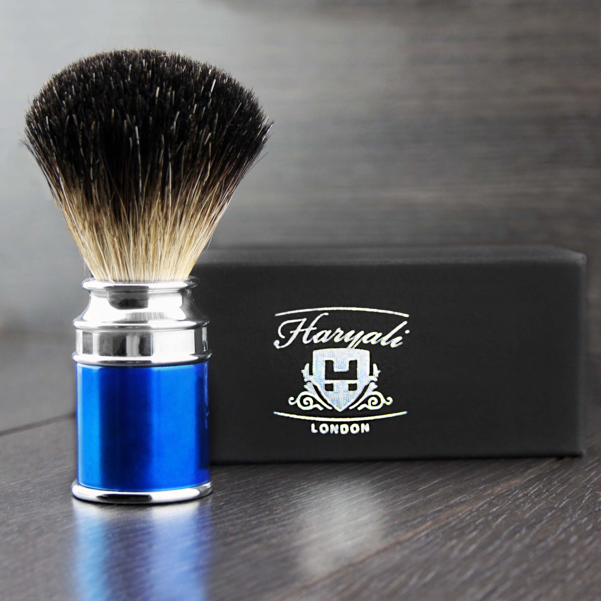 Hand Assembled in Stunning Blue Handle Black Badger Hair Sophist Collection Elegantly Designed by Haryali London.