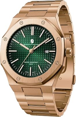 Montre Homme Quartz Argent Acier Inoxydable Bracelet 50M Etanche Date Calendrier Noir Bleu Montre Cadeaux pour Hommes,Vert-Or