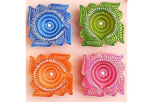 SATVIK STORE SATVIK 4 Pc Multicolor Clay Diya Terracotta Dia Traditional Puja Vilakku Oil Lamp Natural Mitti Diya Tea Light Welcome Diwali Deepawali Navratri Pooja Décorations Indian Housewarming Return Gift Item