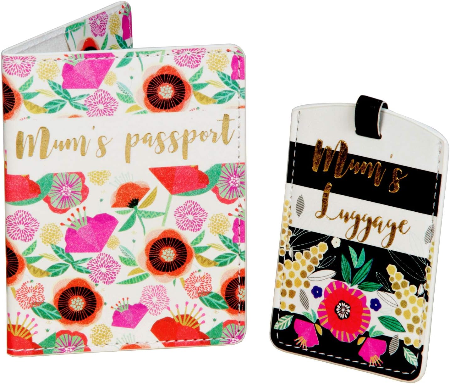 Passport Cover & Luggage Tag Set - 'Floral' Mum's Luggage, Pink White Multicolour