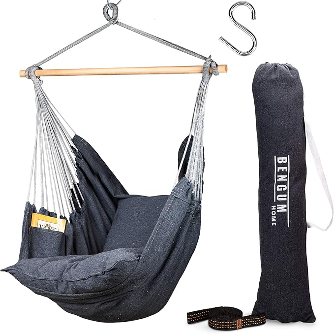 Amazon.com: Bengum - hamaca, silla colgante, columpio | uso en interior o exterior | gran asiento oscilante para patio, dormitorio o árbol | Gris de 2 tonos, hamaca duradera + 2 cojines +
