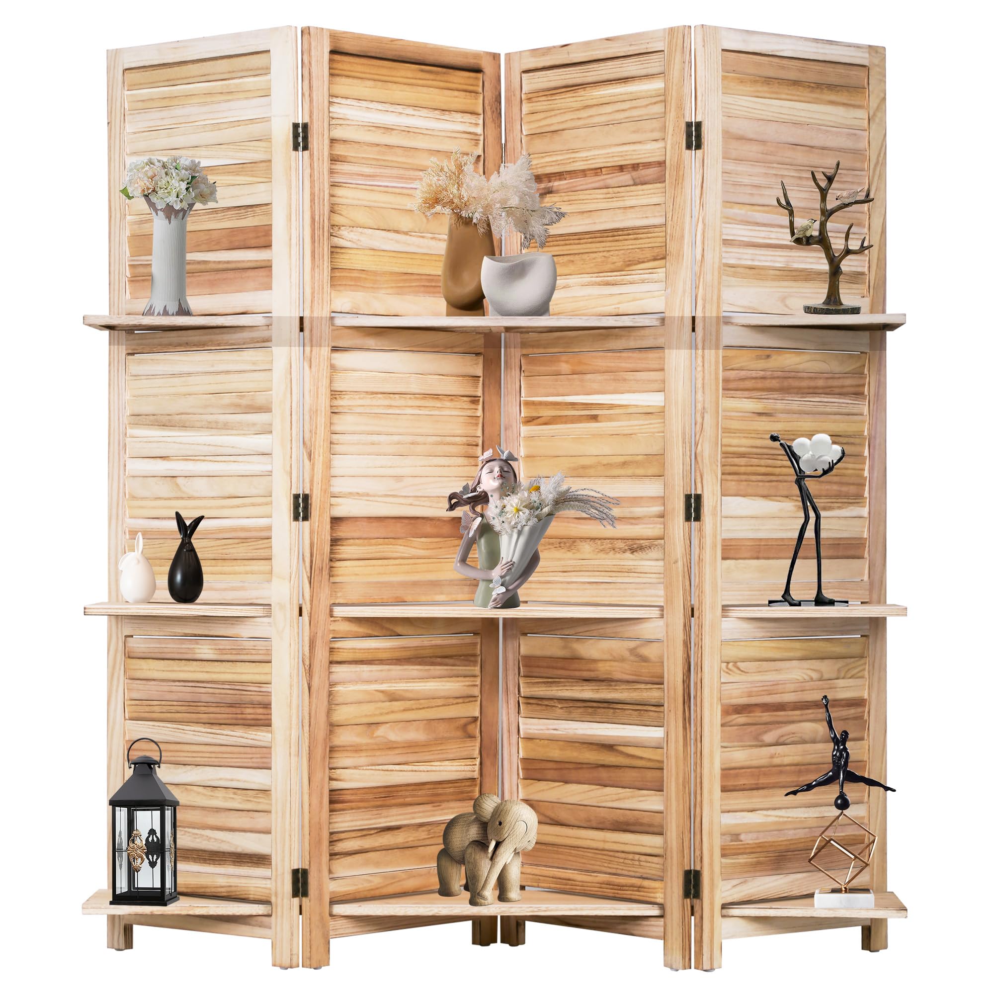 Photo 1 of 4 Panel Room Divider Folding Privacy Wooden Screen with Three Clever Shelf Portable Partition Wood Divider for Home Office, Natural